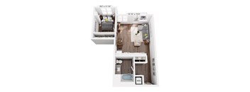 A floor plan of an apartment with a kitchen, living room, bedroom, and bathroom.