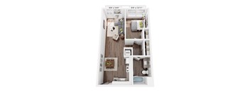 A floor plan of an apartment with a kitchen, living room, bedroom, and bathroom.