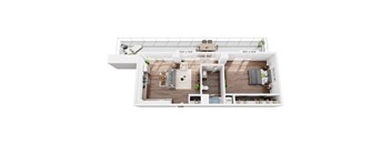 A floor plan of an apartment with a kitchen, living room, bedroom, and bathroom.