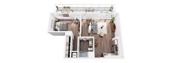 A floor plan of an apartment with a kitchen, living room, bedroom, and bathroom.