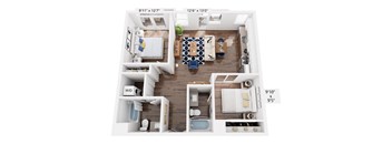 A floor plan of an apartment with a living room, kitchen, 2 bedrooms, and 2 bathrooms.