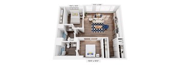 A floor plan of an apartment with a living room, kitchen, 2 bedrooms, and 2 bathrooms.