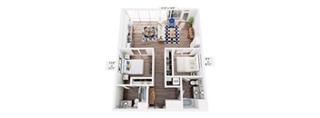 A floor plan of an apartment with a living room, kitchen, 2 bedrooms, and 2 bathrooms.