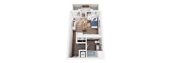 A floor plan of an apartment with a living room, kitchen, bedspace, and bathroom.