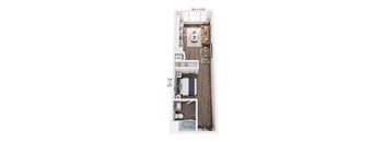 A floor plan of an apartment with a living room, kitchen, bedspace, and bathroom.