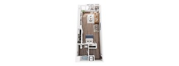 A floor plan of an apartment with a living room, kitchen, bedspace, and bathroom.