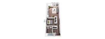 A floor plan of an apartment with a living room, kitchen, bedspace, and bathroom.