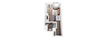 A floor plan of an apartment with a living room, kitchen, bedspace, and bathroom.