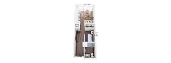 A floor plan of an apartment with a living room, kitchen, bedspace, and bathroom.