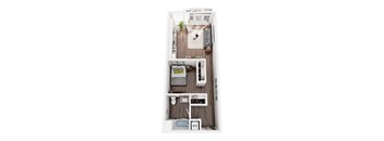 A floor plan of an apartment with a living room, kitchen, bedspace, and bathroom.