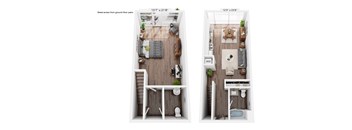 Two floor plans of an apartment with a kitchen, living room, bedroom, and bathroom.