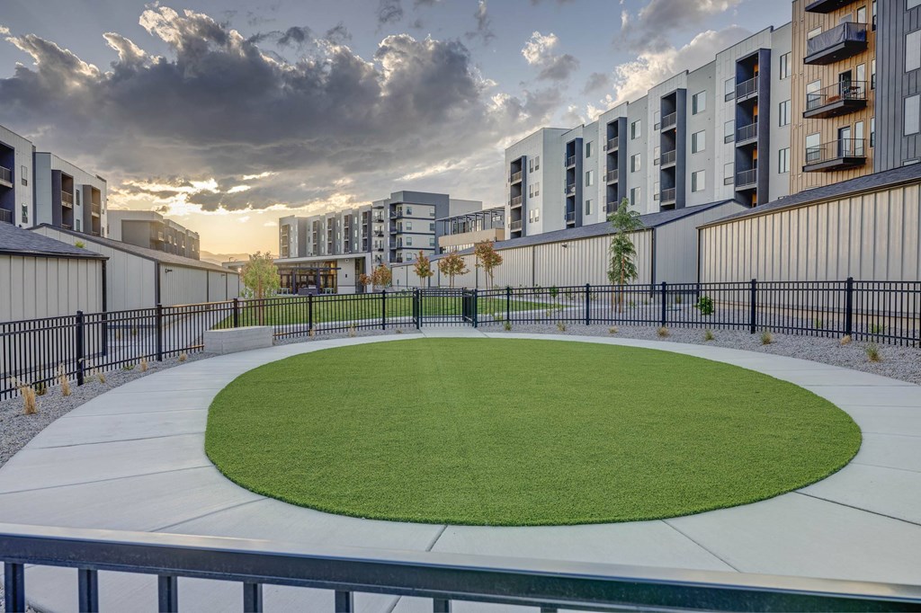 A round green lawn in the middle of a courtyard surrounded by buildings.