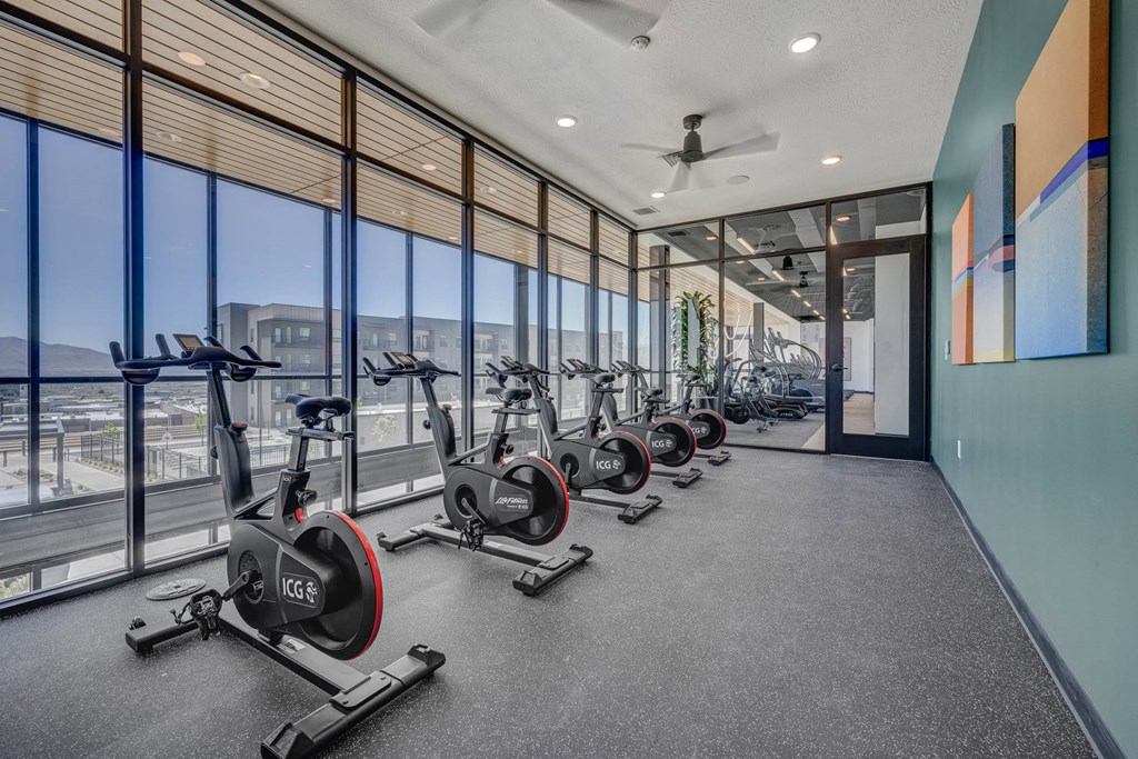 A gym with a row of stationary bikes and a view of the outside.