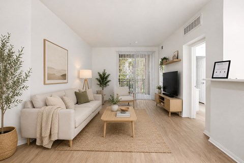 A living room with a couch, a coffee table, and a television.