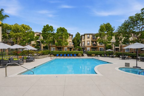 A large swimming pool surrounded by lounge chairs and umbrellas in a residential area.