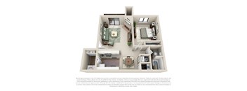 this is a 3d floor plan of a 884 square foot 1 bedroom apartment at the