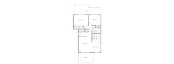 A floor plan of a house with two bedrooms, a living room, a dining room, a kitchen, and a patio.