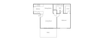 A floor plan of a house with a kitchen, dining room, living room, bedroom, bath, closet, and patio.