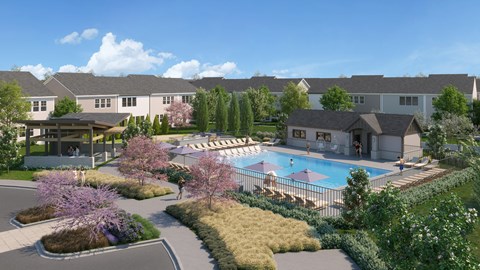 A residential area with a swimming pool and a small pavilion.