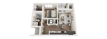 a stylized floor plan with a bedroom and a living room