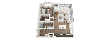 A floor plan of a small apartment with a kitchen, living room, and bathroom.