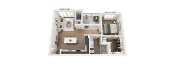 A floor plan of a small apartment with a living room, kitchen, and bathroom.