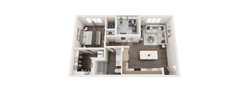 a stylized floor plan with a bedroom and a living room