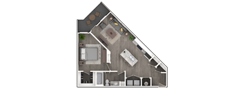 A top-down view of a house floor plan showing a living room, kitchen, dining area, and bathrooms.