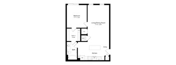 A floor plan of a small apartment with a bedroom, living/dining room, kitchen, bathroom, and entry.