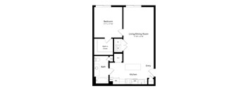 A floor plan of a small apartment with a bedroom, living/dining room, kitchen, bathroom, and walk-in closet.