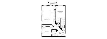 A floor plan of a house with a living room, two bedrooms, a kitchen, and a bathroom.