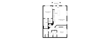 A floor plan of a small apartment with a primary bedroom, a living/dining room, a kitchen, and two bathrooms.