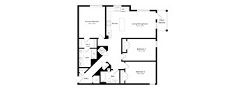 A floor plan of a house with a primary bedroom, a kitchen, a living/dining room, a patio/balcony, and three bathrooms.