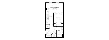 A floor plan of a small apartment with a living/dining room, kitchen, bedroom, bathroom, and entry.
