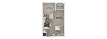 A floor plan of a small apartment with a bedroom, bathroom, living/dining area, kitchen, and a patio/balcony.