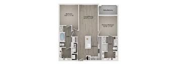A floor plan of a home with a living room, dining room, kitchen, two bathrooms, a bedroom, and a patio/balcony.