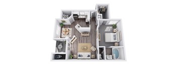 A 3D floor plan of a house with a kitchen, living room, and bathroom.