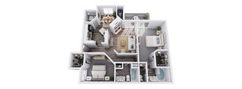 A 3D floor plan of a house with a kitchen, living room, dining room, and bathrooms.