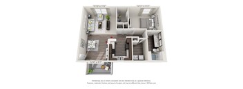 A 3D floor plan of a small apartment with a kitchen, living room, and bedroom.