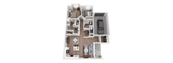 A 3D floor plan of a house with a kitchen, living room, and bathroom.