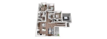 A 3D floor plan of a house with a kitchen, living room, and bathrooms.