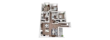 A 3D floor plan of a house with a kitchen, living room, and bathroom.