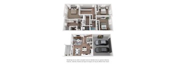 A floor plan of a house with two bedrooms, two bathrooms, a living room, a kitchen, and a garage.