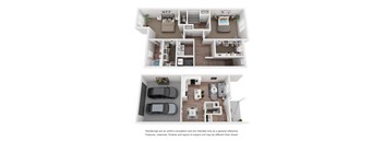 A floor plan of a two-story house with a garage and a living room on the first floor and a bedroom with a balcony on the second floor.