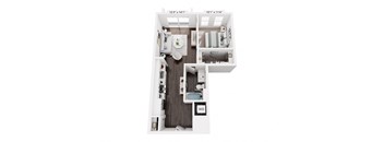A floor plan of a small apartment with a kitchen, living room, and bathroom.