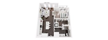 A floor plan of a small apartment with a kitchen, living room, and bathroom.