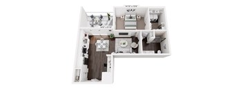 A white floor plan of a two-bedroom apartment with a living room, kitchen, and bathroom.
