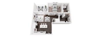 A white floor plan of a house with a kitchen, living room, and two bedrooms.