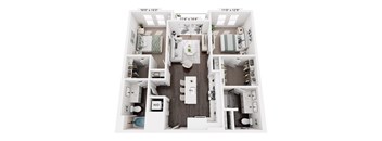 A floor plan of an apartment with a living room, kitchen, and two bedrooms.