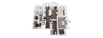 A floor plan of a two-bedroom apartment with a living room, kitchen, and bathroom.
